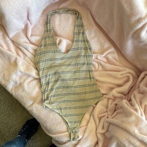 La Hearts‎ Tan, Black and White Striped Bodysuit Size Medium